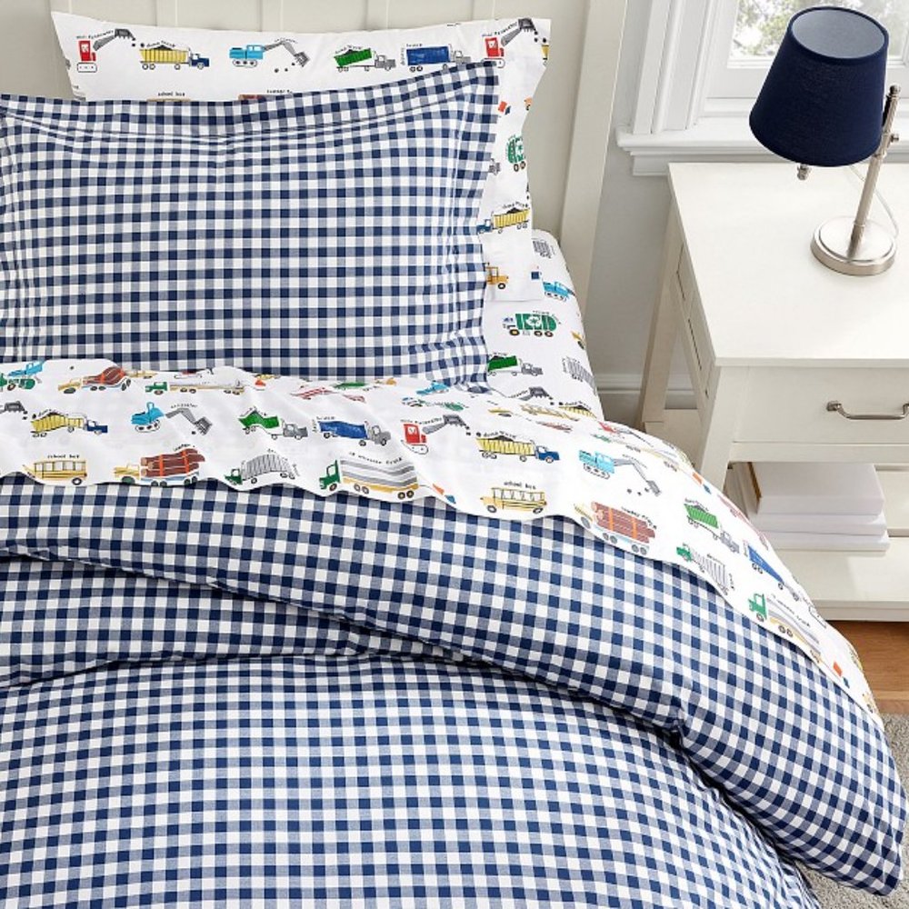 Pottery Barn Kids. Navy blue checked duvet cover and shams